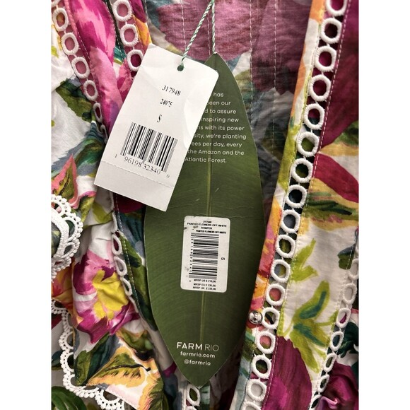 Farm Rio Painted Flowers Romper  Belted Floral Puff Sleeve Size Small New $250 - Picture 6 of 8
